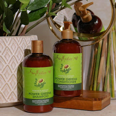 SheaMoisture Power Greens conditioner dispenser showing deep conditioning for dull curls.