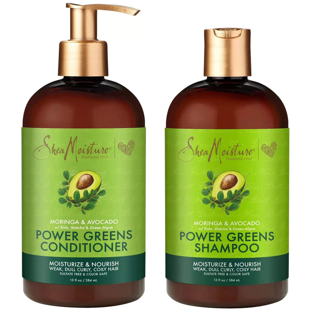 SheaMoisture Power Greens shampoo bottle offers a moisturizing cleanse for natural curls.