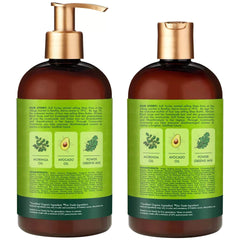 Close-up of SheaMoisture Power Greens shampoo lather on hair, gentle cleansing for dry curls.