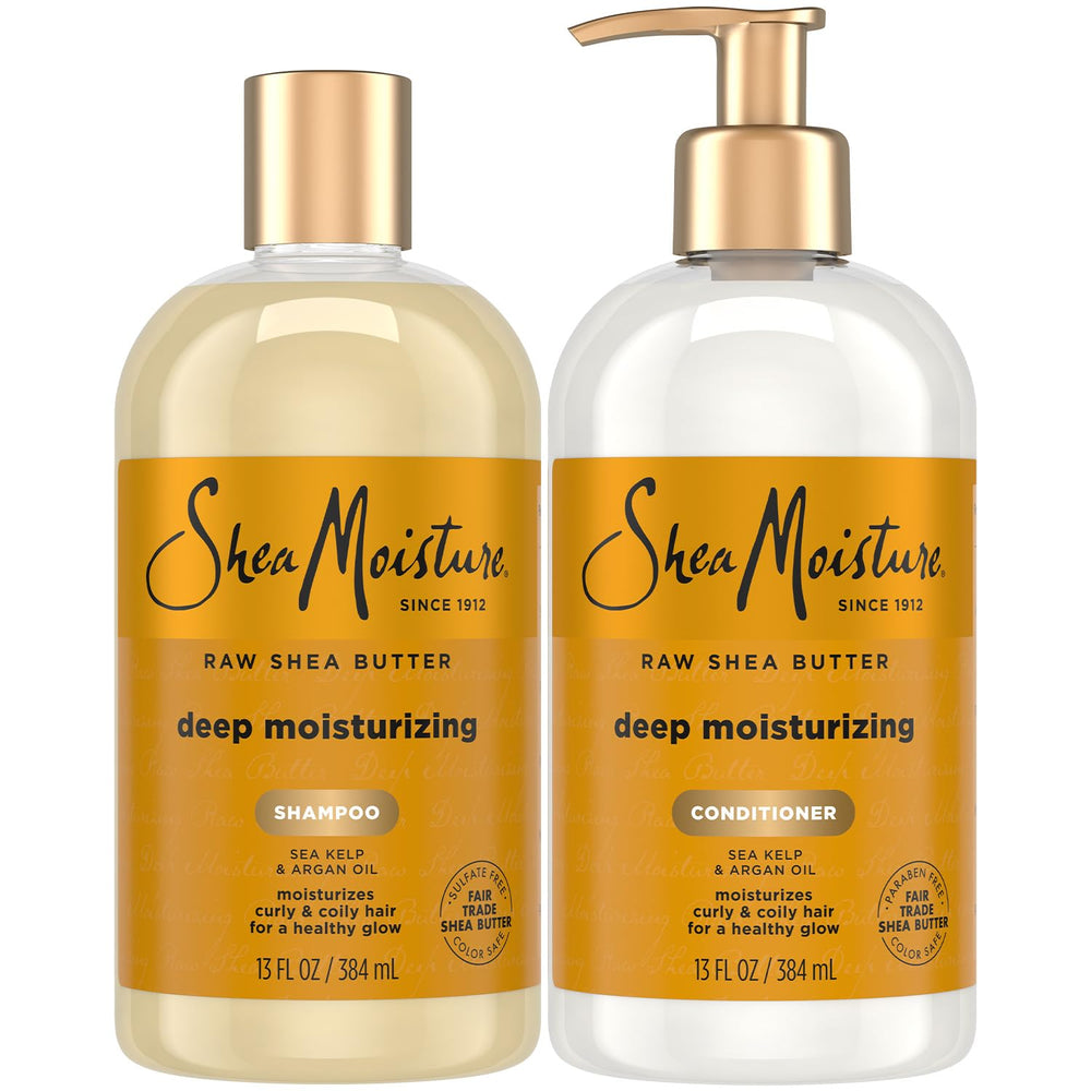 SheaMoisture Raw Shea Butter Shampoo bottle shows deep moisture for dry curls
