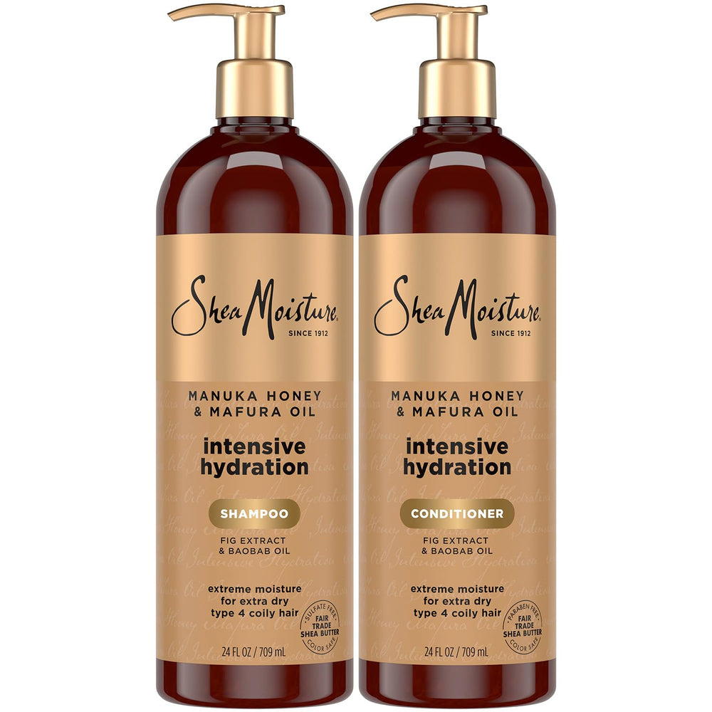 SheaMoisture shampoo and conditioner set bottles closeup showing intense moisture.