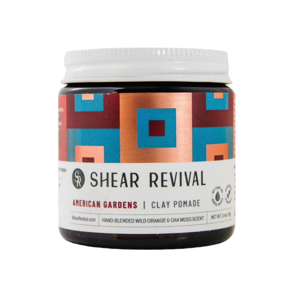 Shear Revival American Gardens clay pomade jar showing matte hold