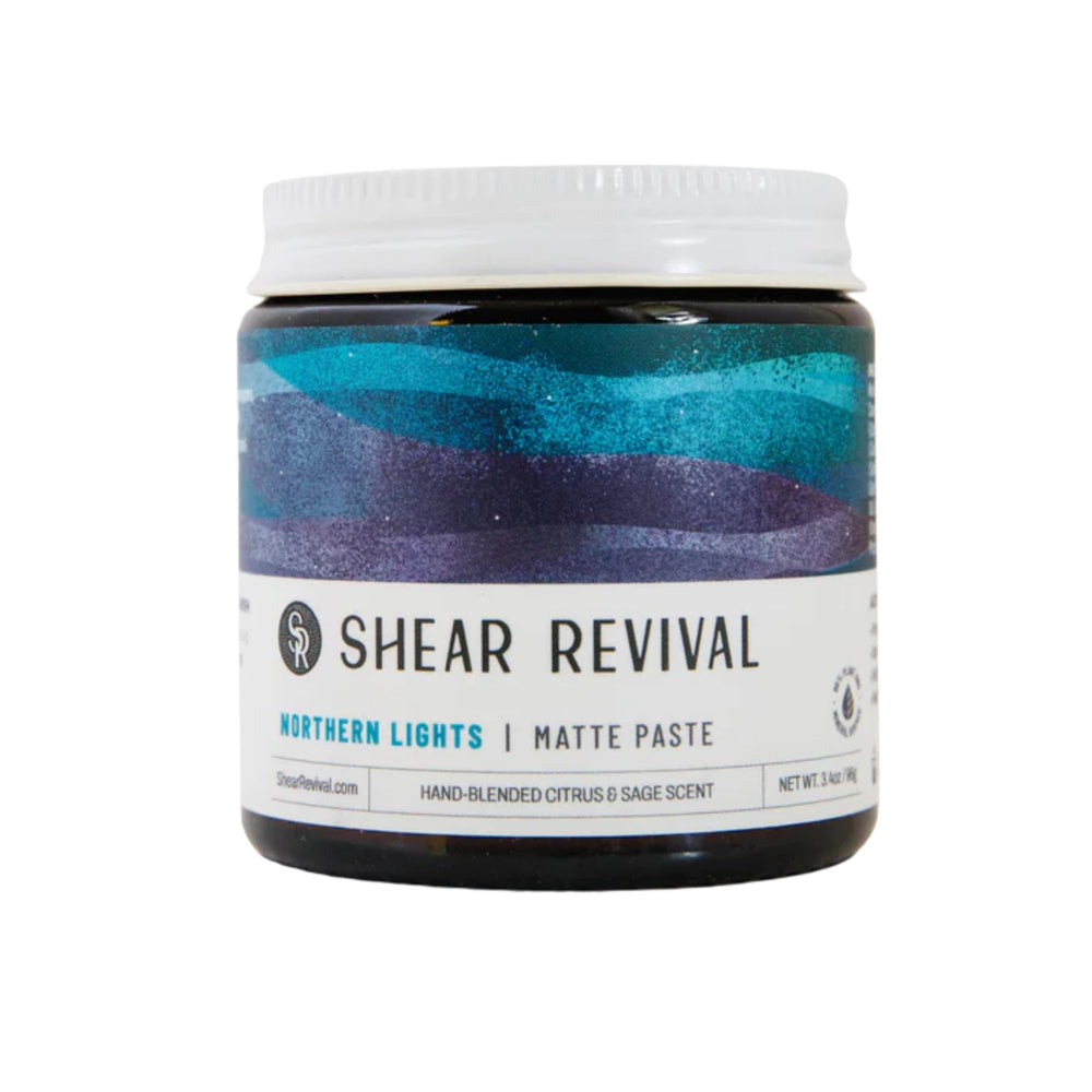Shear Revival Northern Lights Matte Paste jar showing matte hold for textured styles