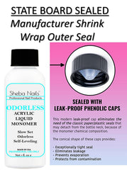 Sheba Nails odorless kit contents display self-leveling system and monomer powder.