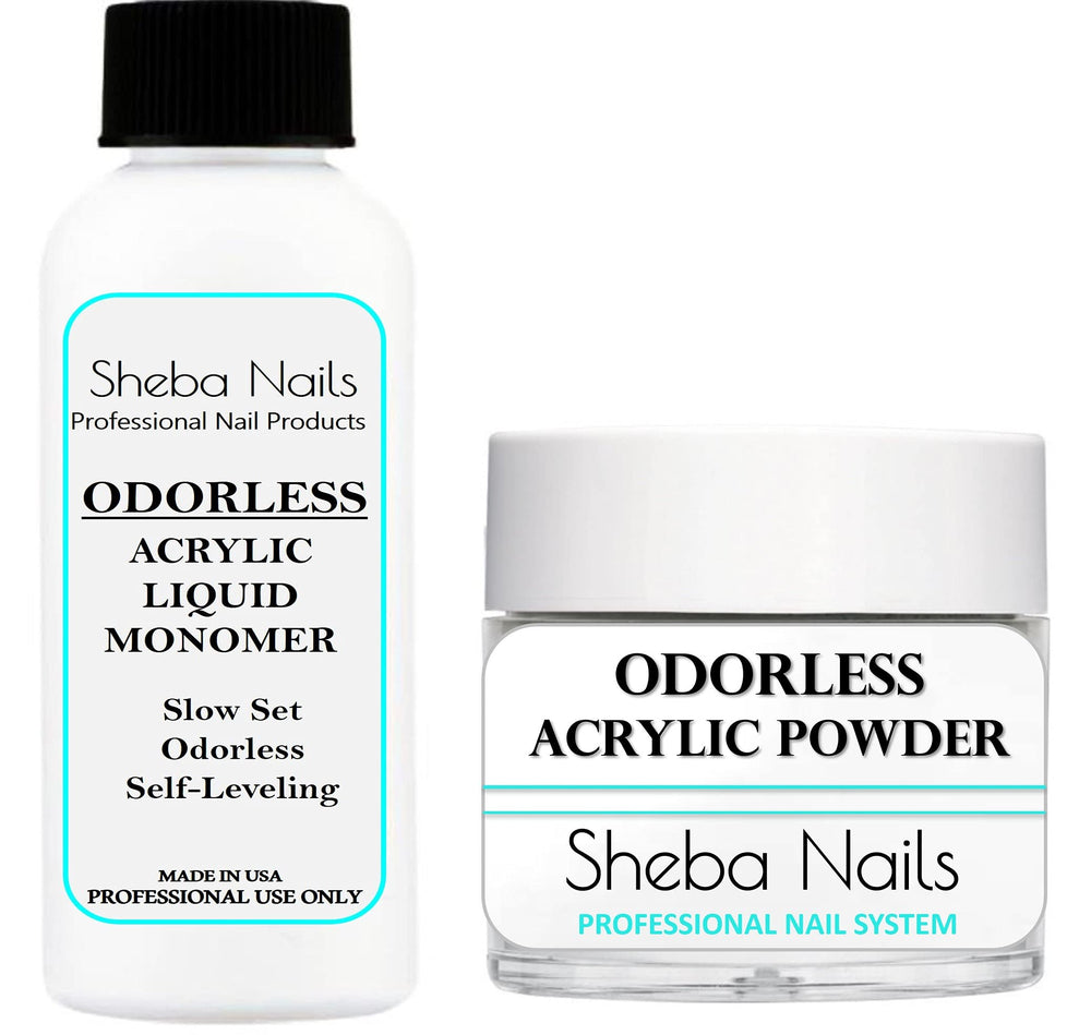 Sheba Nails odorless liquid bottle shows odor-free, MMA-free formula for salons.