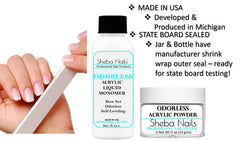 Sheba Nails odorless nail powder jar highlights non-yellowing acrylic for durability.