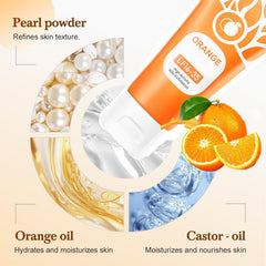 shelanrn orange-exfoliating-gel application closeup highlights gentle scrubbing and even texture