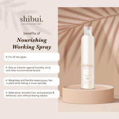 SHIBUI Nourishing Working Spray mist-on-hair evenly covers strands for lasting volume.