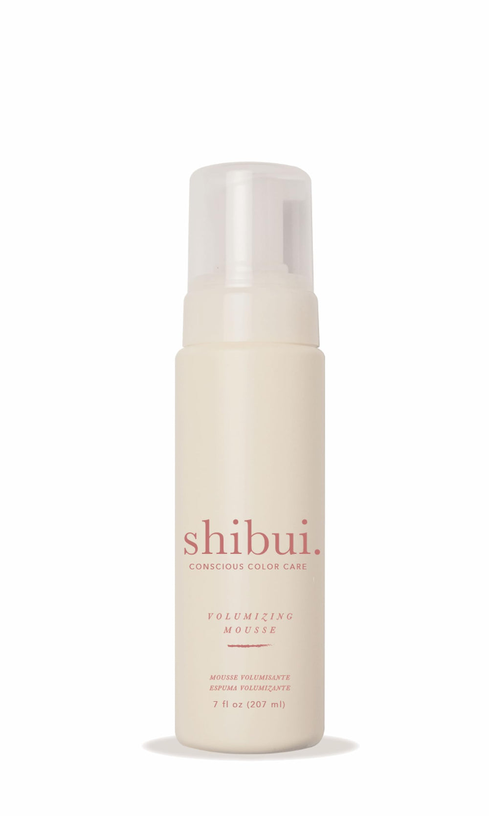 SHIBUI Volumizing Mousse bottle and cap showing weightless lift for fine hair.