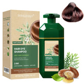 SHIHUANUO coffee hair dye shampoo bottle demonstrates ammonia-free 520ml formula for gray coverage.