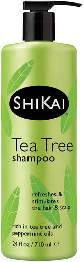 ShiKai Tea Tree Shampoo bottle closeup highlighting refreshing scalp care.