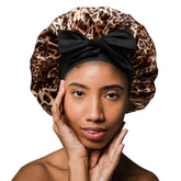 SHINEONME satin hair bonnet leopard on head for secure, comfortable sleep