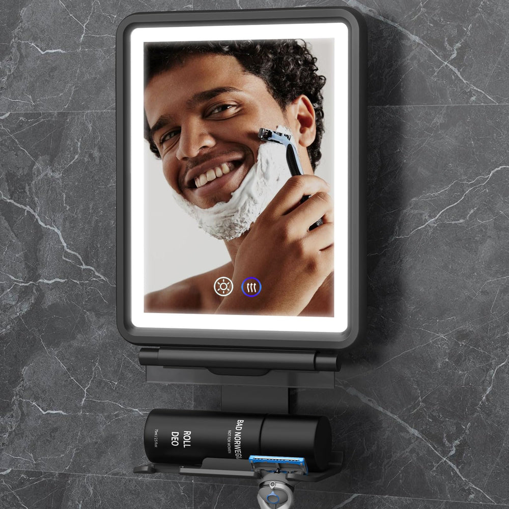 Shinowa heated shower mirror front view with fogless surface for shaving.