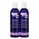 Shiny Silver Shampoo Ultra Conditioning bottle pouring to tone brassiness on blond hair.