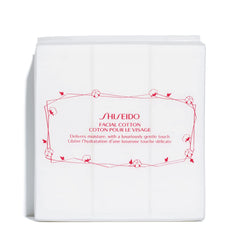Shiseido facial cotton pads close-up with ultra-soft texture for gentle skincare.
