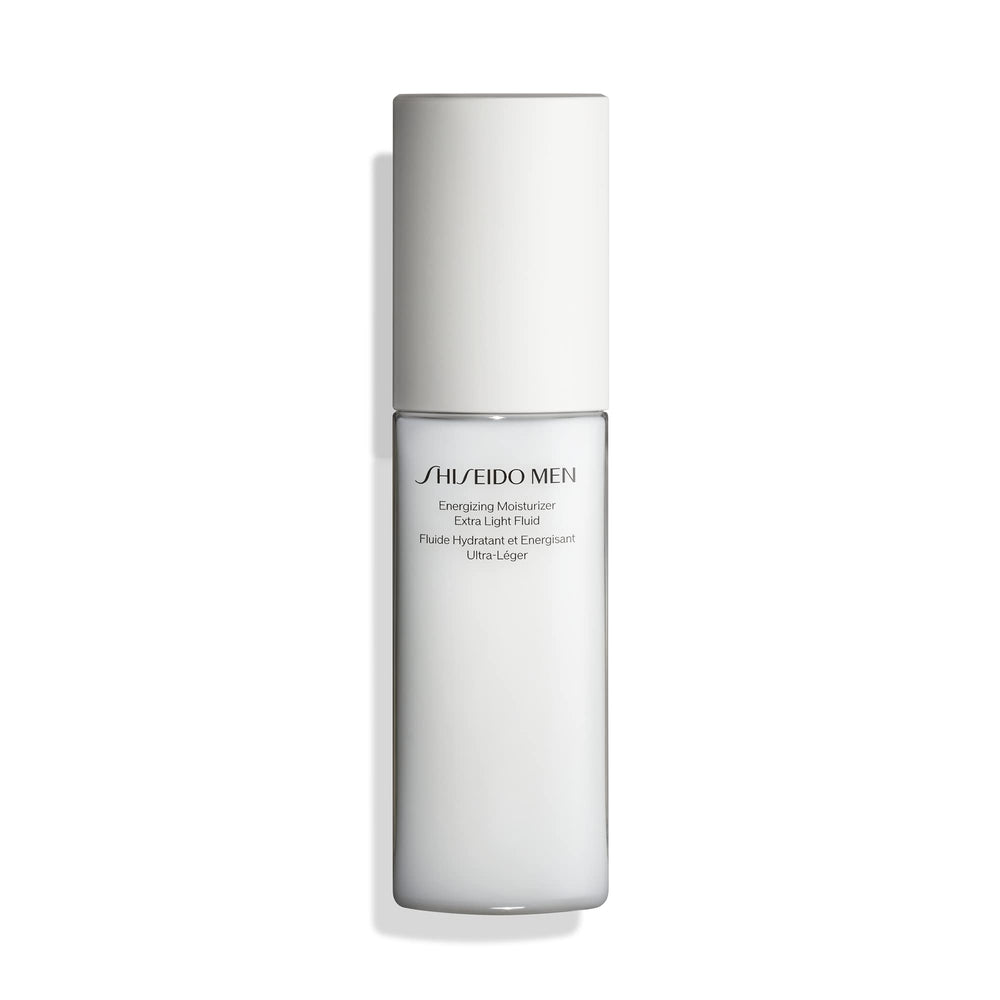 Shiseido Men Energizing Moisturizer packaging on display for daily routine use