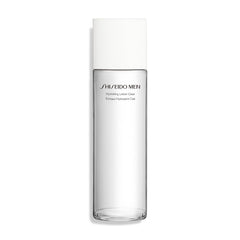 Shiseido Men Hydrating Lotion Clear bottle on counter highlights long-lasting hydration