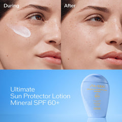 Shiseido Ultimate Sun Protector Lotion Mineral SPF 60+ face-application demonstrates quick, non-greasy facial protection.