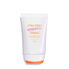 Shiseido Urban Environment Fresh-Moisture Sunscreen bottle demonstrates 12-hour hydration and UV protection.