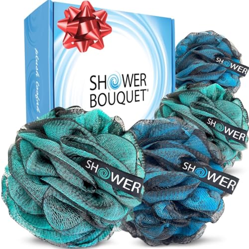 Shower Bouquet loofah blue-green four-pack for smooth exfoliation.