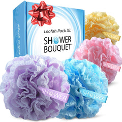 Shower Bouquet loofah lace-mesh set 4-pack showcases textured lace for gentle exfoliation.