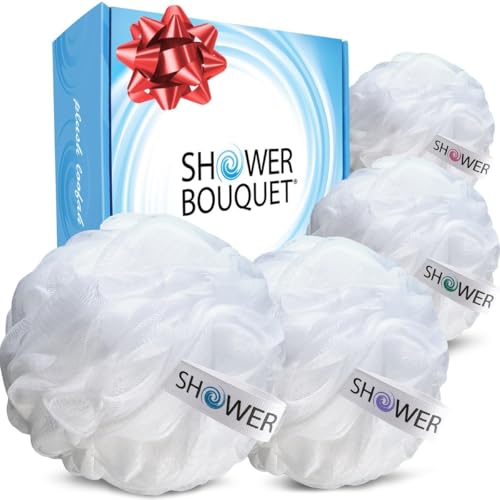Shower Bouquet soft white cloud XL loofah 4-pack for gentle exfoliation and spa-like cleansing