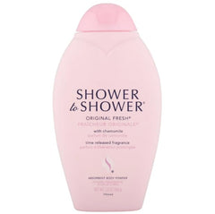 Shower To Shower Original Fresh absorbent powder bottle closeup highlights time-release fragrance.