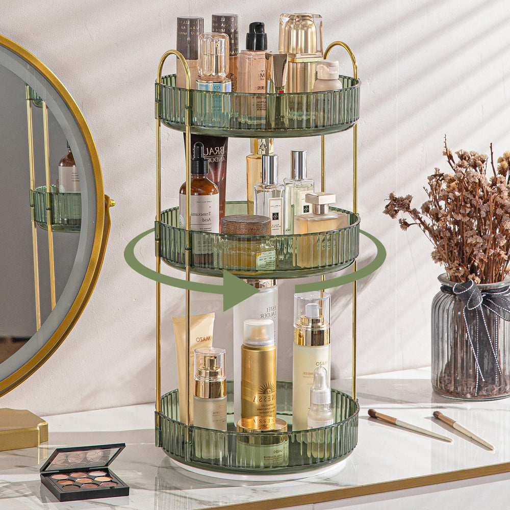 Shuang Qing rotating makeup organizer 360-spin top view demonstrates quick access to cosmetics and skincare.