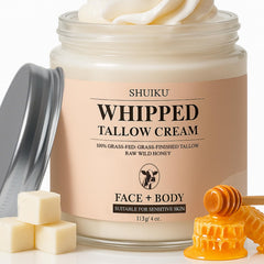 SHUIKU Beef Tallow Honey Balm jar close-up showing whipped texture for deep hydration.