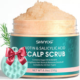 SHVYOG Scalp Scrub bottle closeup shows product and emphasis on exfoliation benefits