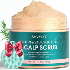 SHVYOG Scalp Scrub bottle closeup shows product and emphasis on exfoliation benefits