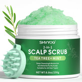 SHVYOG scalp scrub bottle with tea tree oil promoting detox exfoliation.