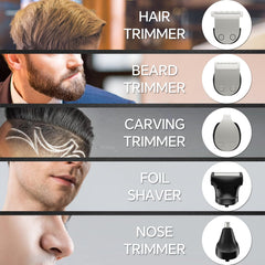 SilkGlow beard trimmer detachable heads highlighting attachments for beard and body.