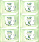 Simple cleansing facial wipes six-pack on display for quick daily cleansing.