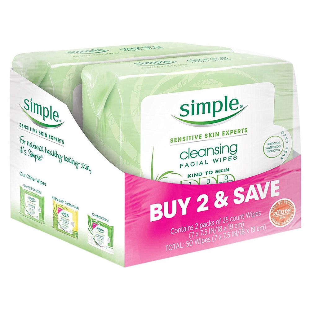 Simple Kind to Skin Facial Wipes twin pack front view for quick on-the-go cleansing