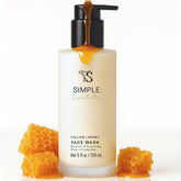 Simple Sophistication Tallow Honey Cleansing Milk bottle pour shows gentle cleansing for sensitive skin.
