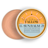 Simple Sophistication Tallow Sun Balm ingredients reveal natural fats and vitamins for nourished skin.