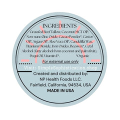 Simple Sophistication Tallow Sun Balm ingredients nourish with grassfed tallow and zinc oxide.
