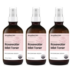 Simplified Skin rosewater spray bottle front view for facial hydration and refreshing mist.