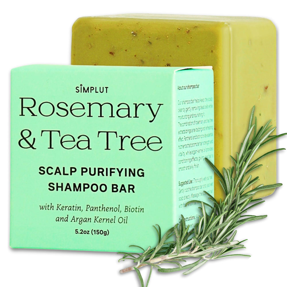 SIMPLUT Rosemary & Tea Tree Shampoo Bar close-up with herbs for scalp clarity