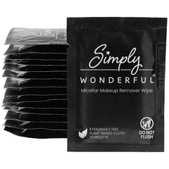Simply Wonderful biodegradable makeup wipes pack shot showing eco-friendly packaging for easy disposal.