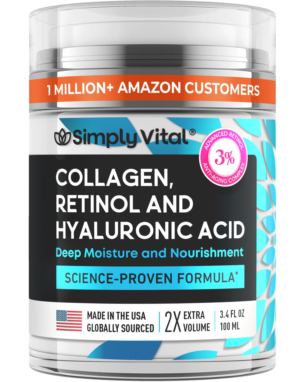 SimplyVital Collagen Retinol Hyaluronic Cream jar closeup shows rich hydration.