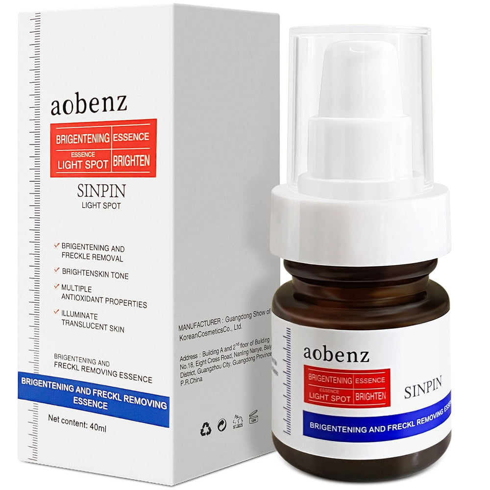 SINPIN aobenz serum bottle showing brightening formula for evening skin tone