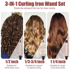 SIQUER 3in1 curling wand set rose 3/4-inch tapered barrel adds natural volume and shape.