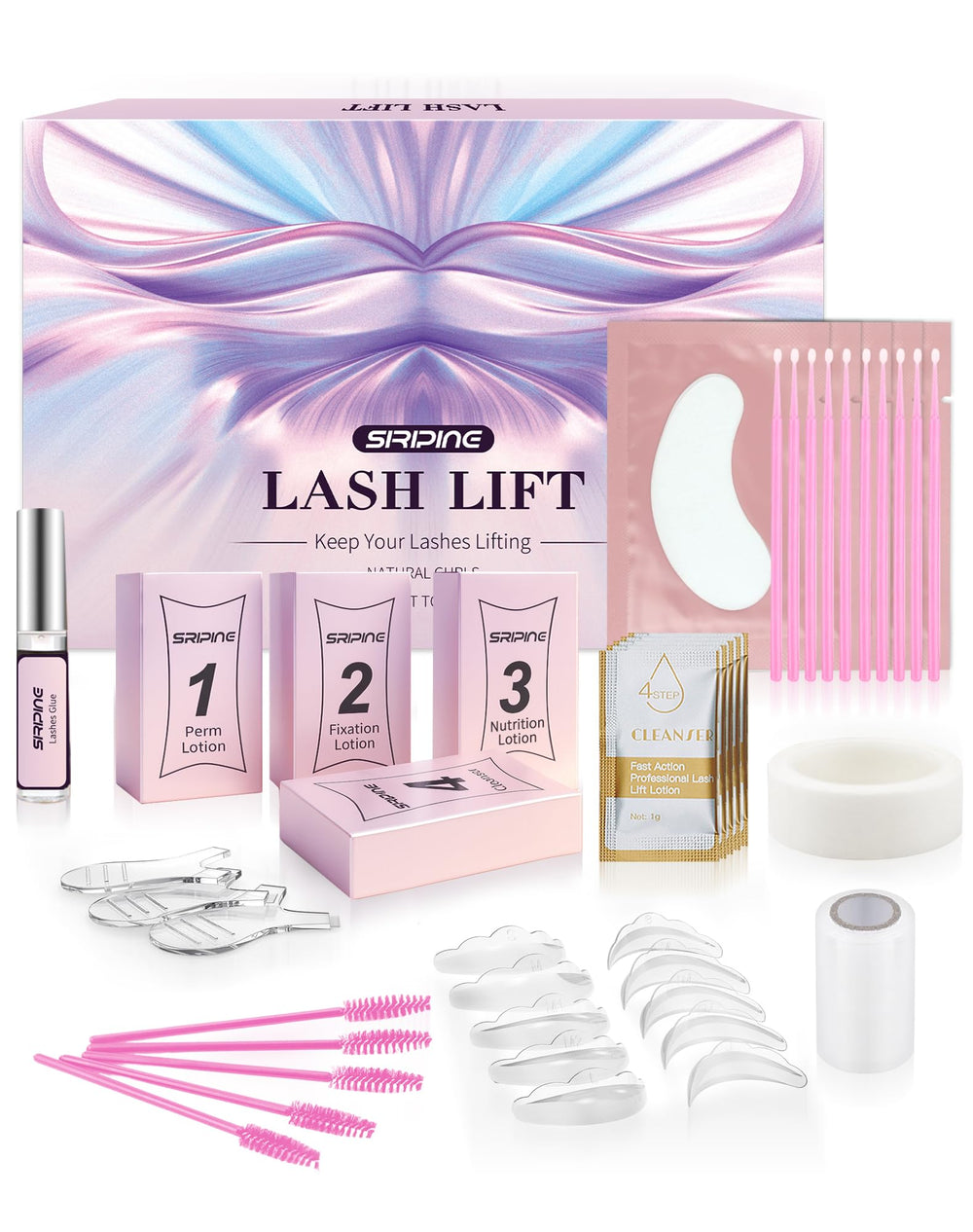 Siripine lash lift kit packaging showcases complete at-home curling solution for effortless results.