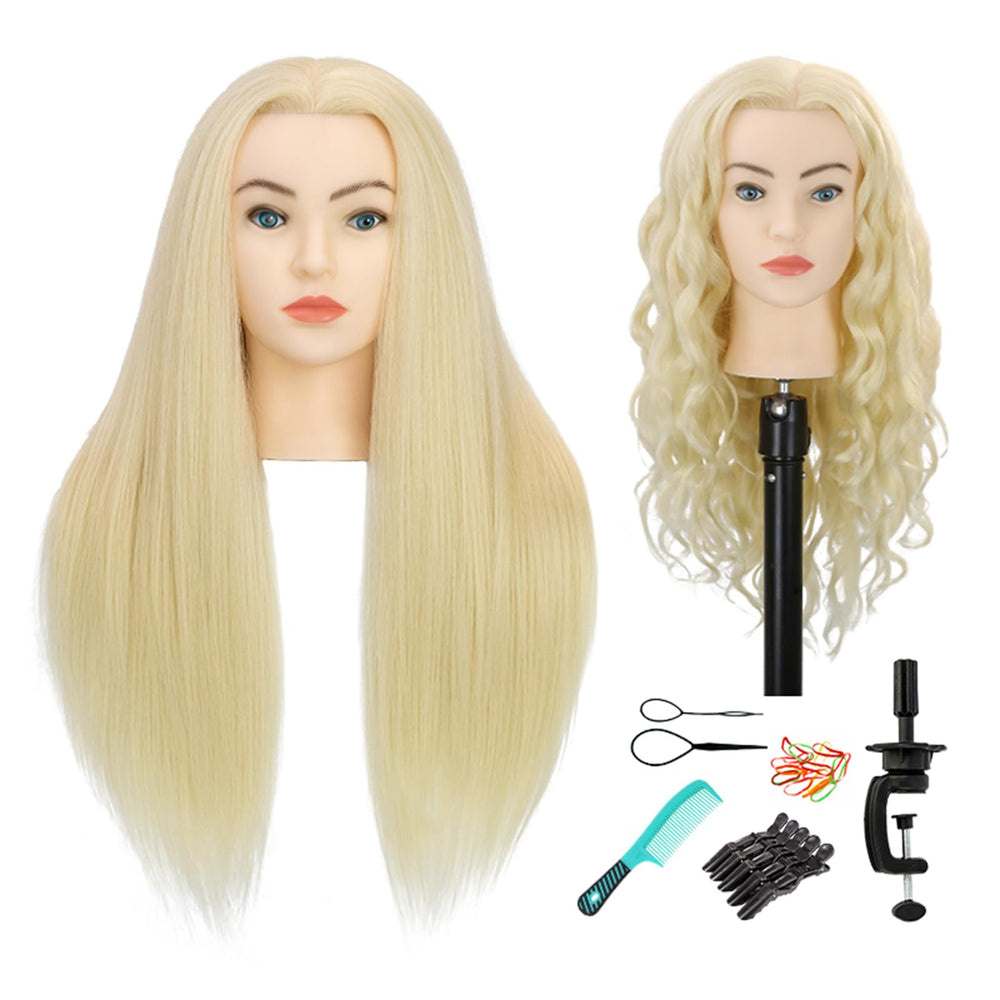 Sirydtm 28in mannequin head front view with light blonde hair and blue eyes for practice.