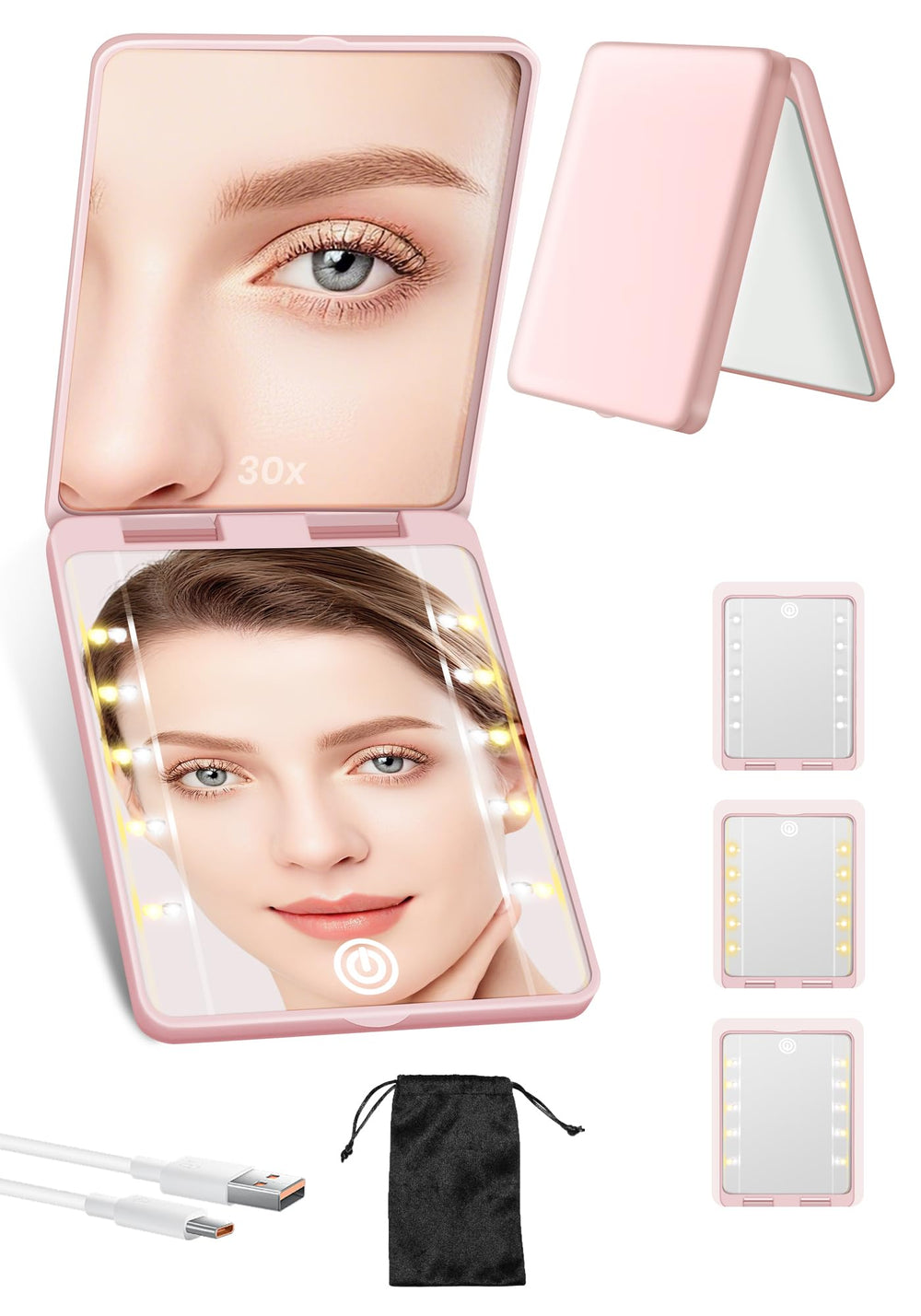 SisKokoro compact mirror shows 1X main view with built in light for quick touch ups.