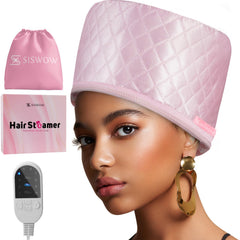 SISWOW Thermal Steamer Cap on head for deep conditioning at home.