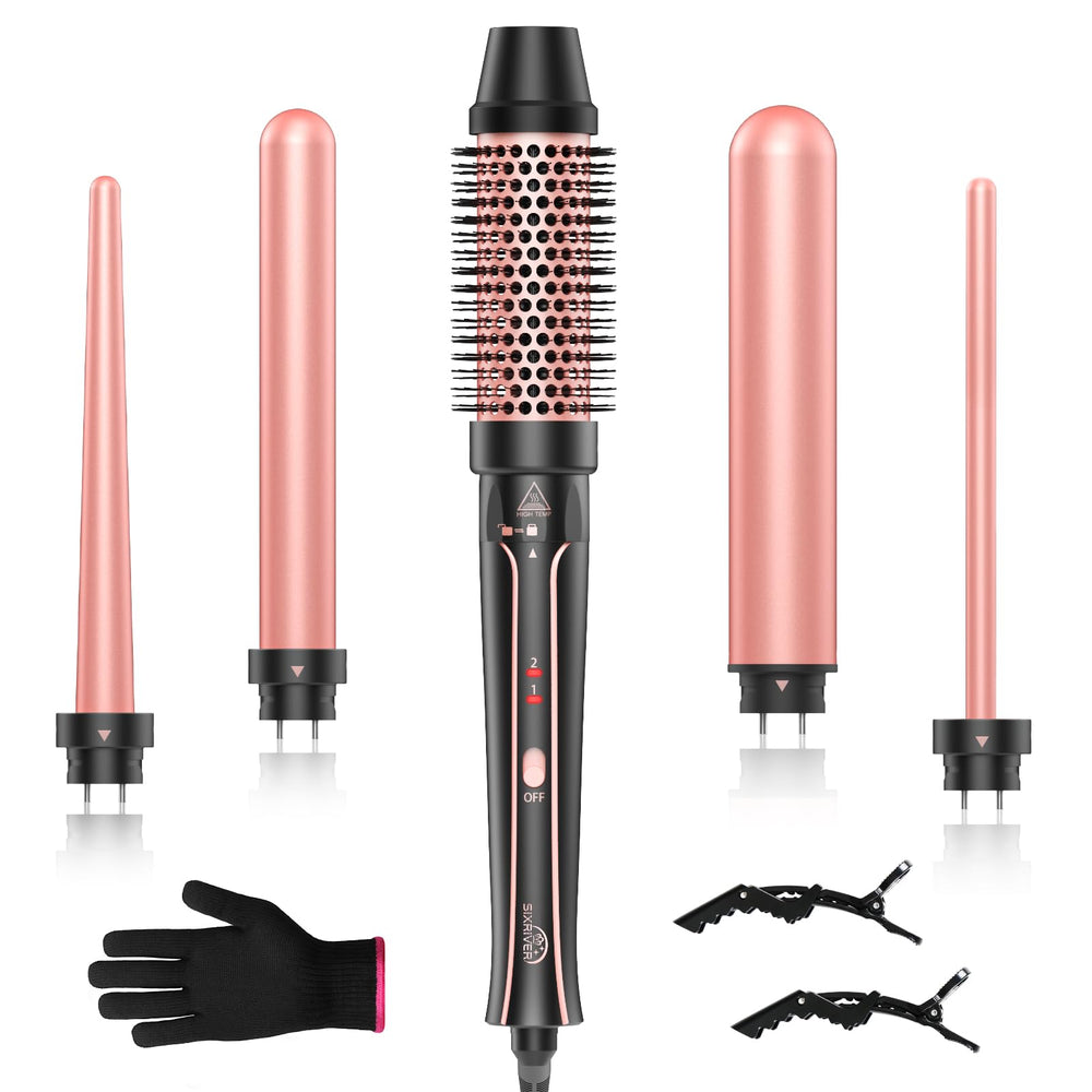 Sixriver 5in1 curling iron brush image shows smooth, tangle-free hairstyles with mixed barrel sizes.