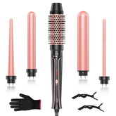Sixriver 5in1 curling iron brush image shows smooth, tangle-free hairstyles with mixed barrel sizes.